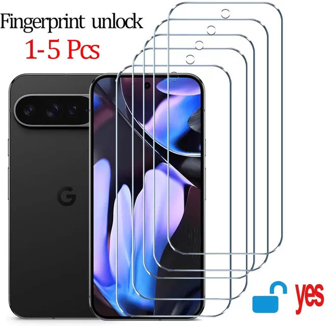 Google Pixel 9 8 7 6 A Pro XL Schutzglas aus gehärtetem Glas mit Fingerabdruck-Entsperrung, transparent, 9H HD kratzfest - Bild 1
