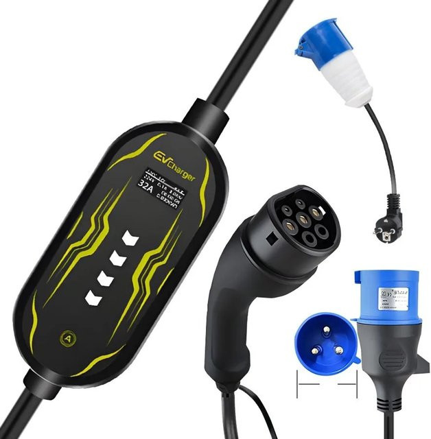 Junsun EV Ladegerät 7kW mit 5m Type 2 Kabel und Adapter, Smart App Steuerung via Wi-Fi und Bluetooth, einphasig 1-32A, Schwarz-Blau - Bild 1