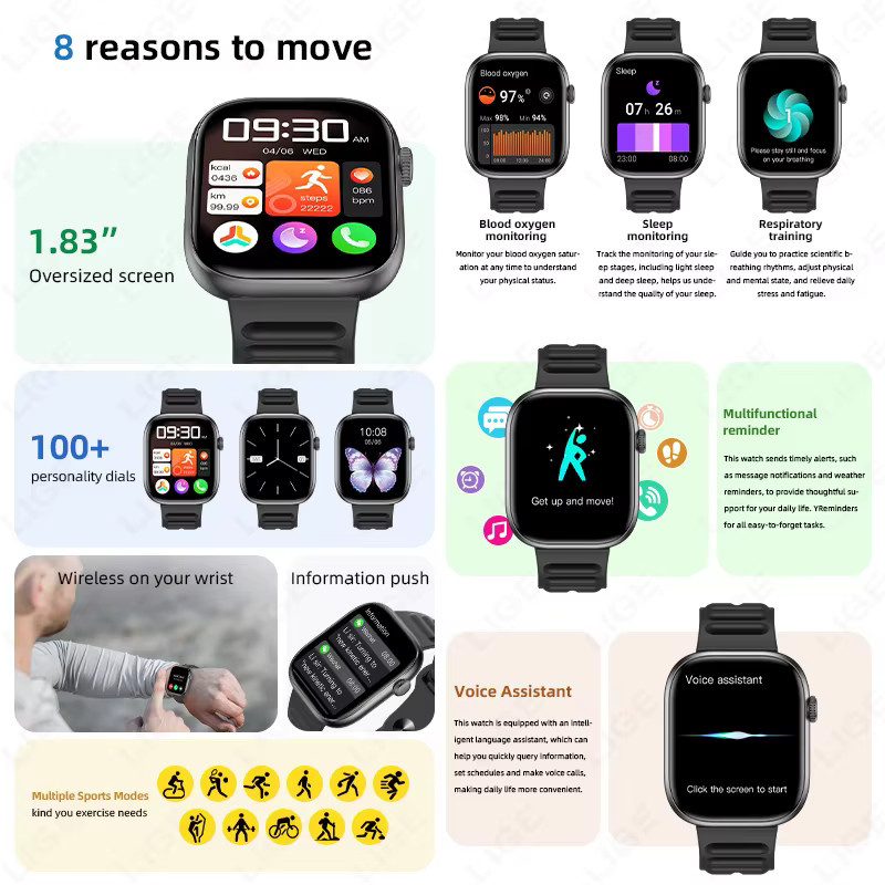 LIGE Smartwatch mit Bluetooth-Anruffunktion, 1,83 Zoll HD-Großbildschirm, Sport-Fitness-Smartwatch mit Herzfrequenzmesser, Schwarz - Bild 4