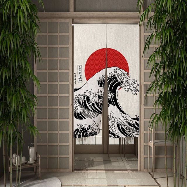 VIKAMA Waschbarer Türvorhang im japanischen Stil mit Mount Fuji und Kirschblüten-Wellenmuster, Mehrfarbig, Breite: 90 cm, Höhe: 65 cm - Bild 1
