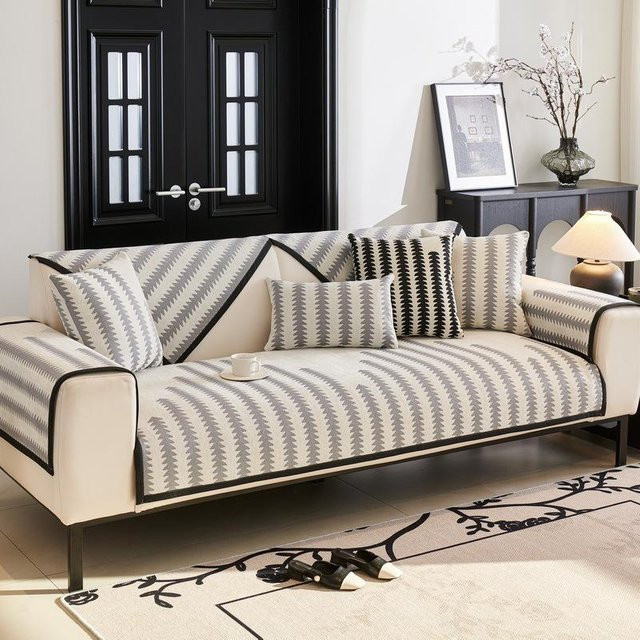 Super Six Sofaschutzbezug in L-Form aus Chenille mit geometrischem Streifenmuster, rutschfest, Farbe: Grau/Beige, Breite: 70 cm, Höhe: 70 cm - Bild 1