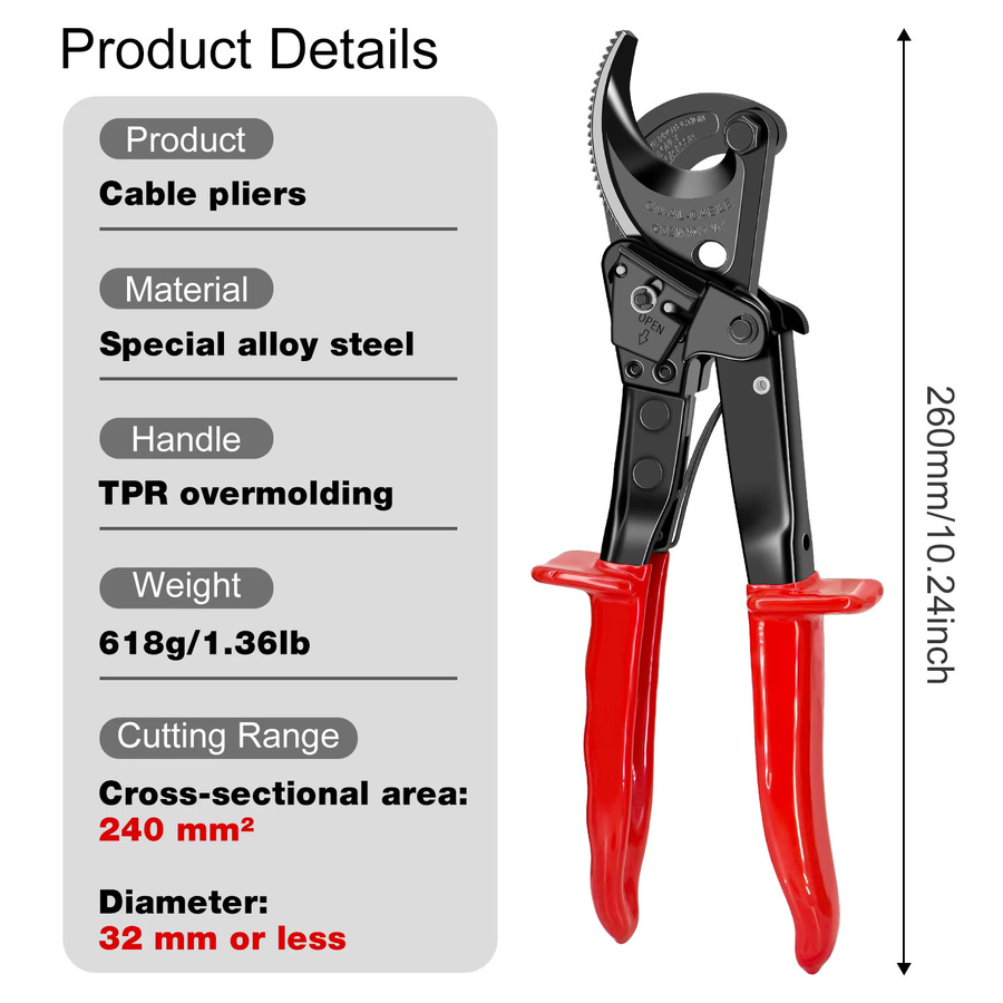 CLAMPLUS Manueller Ratschen-Kabelschneider für Aluminium, Kupfer und Kabel mit 32 mm Schnittleistung - Bild 3