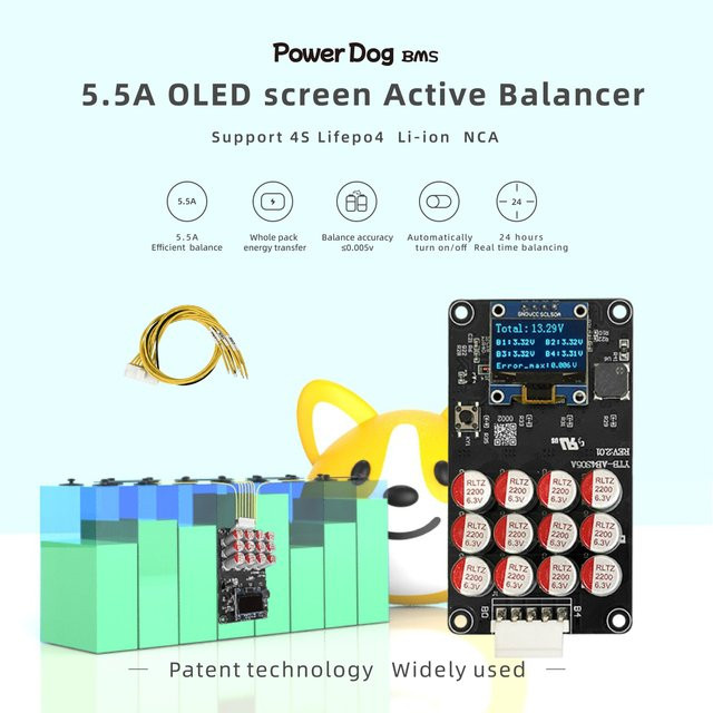 Powerdog Active Balancer 5A mit OLED-Bildschirm für Li-Ion, LiFePO4 und NCA Akkus, Schwarz - Bild 1