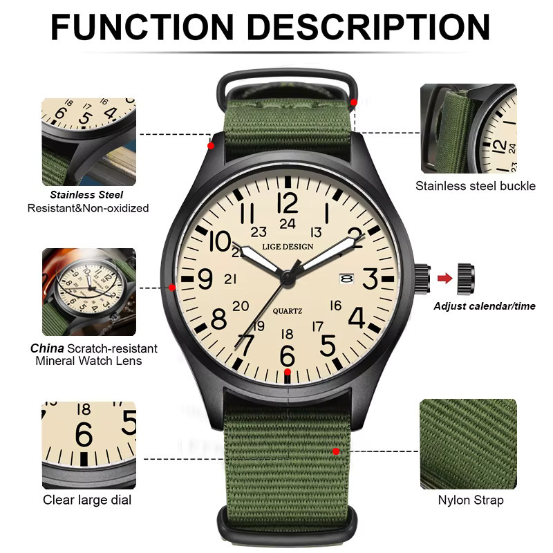 LIGE Chronograph, Quarz, Edelstahl, Textil/NATO, Herren, Grün - Bild 3