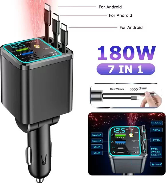 Kebidumei 7-in-1 Auto-Schnellladegerät mit 180W und einziehbarem USB-C Kabel in Schwarz - Bild 1