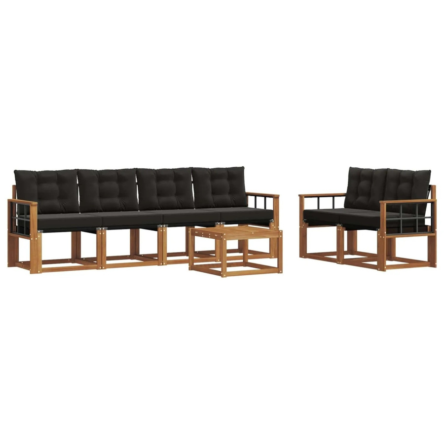 vidaXL Outdoor-Sofagarnitur 7-teilig aus Akazienholz und Textilene in Natur und Schwarz mit Kissen und Tisch - Bild 2