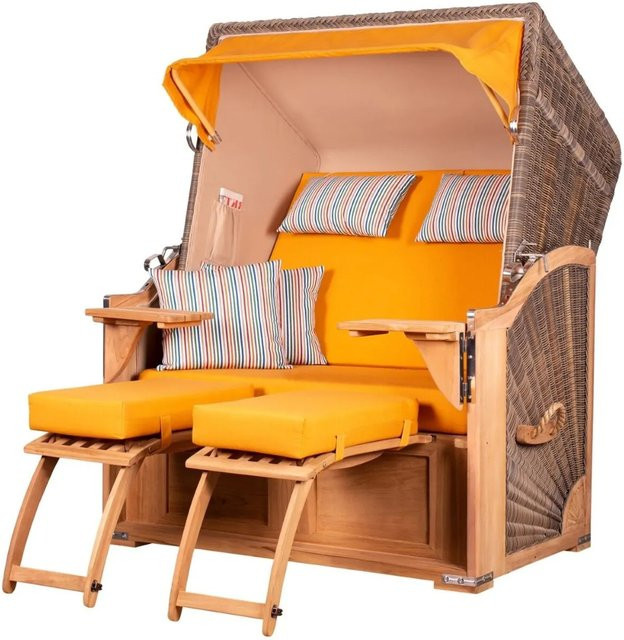 bene,iving Strandkorb Komplettset Schaalsee Modell 586 aus Teakholz und PE-Geflecht in Grau mit passender Abdeckung und Rollen - Bild 1