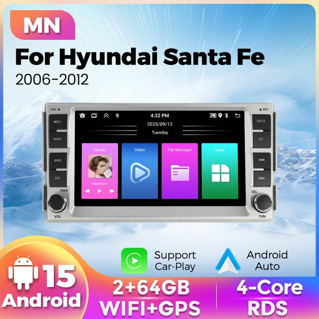 STRONGNAVI Android 15 Multimedia Player mit 7 Zoll Display und GPS für Hyundai Santa Fe 2006-2012, Android Auto, Schwarz - Bild 1