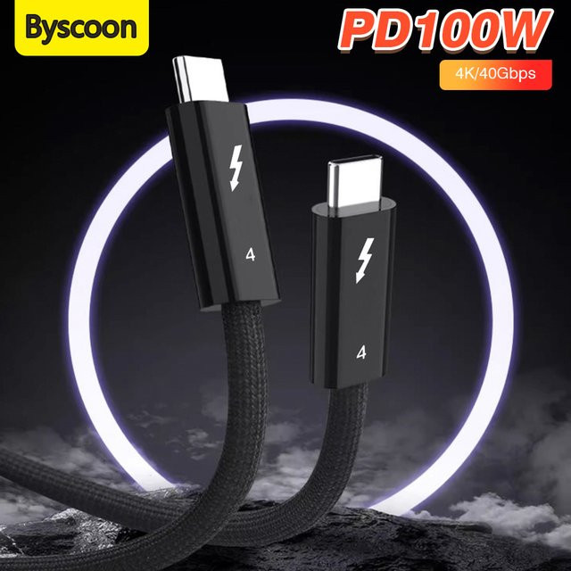 Byscoon Thunderbolt 4 USB-C auf USB-C Koaxialkabel in Schwarz mit 40 Gbit/s Datenübertragung, 8K@60Hz Videoausgang und 100W Schnellladefunktion für iPhone, iPad und Mac - Bild 1