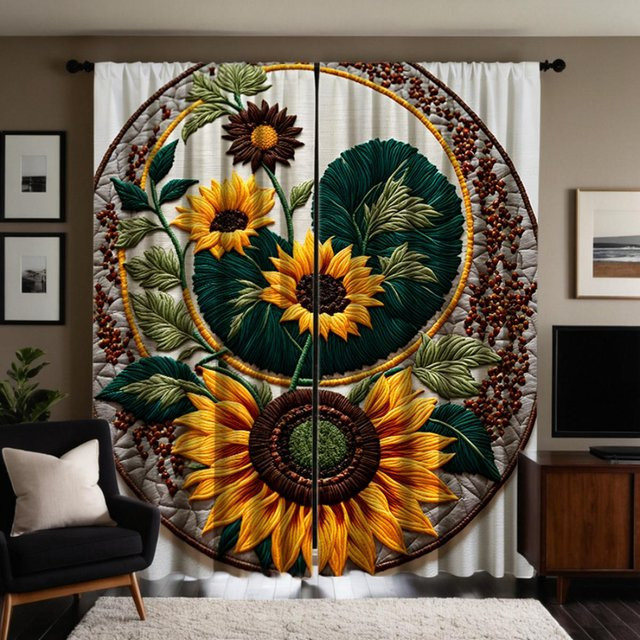 2er-Set Dekovorhang mit Sonnenblumen-Motiv in Gelb und Weiß, digital bedruckter Kreuzstich-Look, B: 132 cm, H: 160 cm - Bild 1