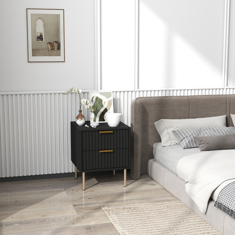 HOMCOM Nachttisch mit 2 Schubladen und Stahlbeinen in Schwarz, gerilltes Design für Schlafzimmer und Wohnzimmer, B/T/H: 40 x 39 x 48 cm - Bild 2