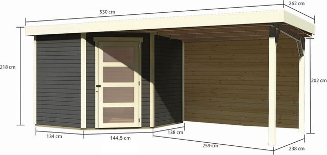 Karibu Gartenhaus SCHWANDORF 5 aus Holz in Terragrau mit Anbaudach und Rückwand, Flachdachhaus aus nordischer Fichte, B/T/H: 242 x 246 x 238 cm - Bild 1