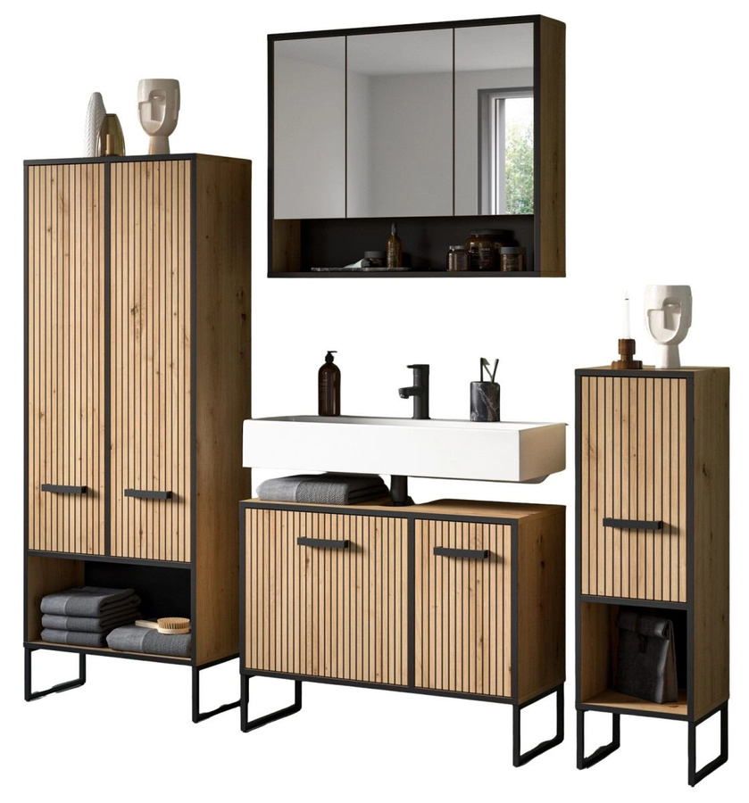 4-teiliges Badmöbel Set Scana in Eiche matt mit Waschtischunterschrank, Spiegelschrank, Hochschrank und Seitenschrank, Breite: 199 cm, Höhe: 192 cm - Bild 2