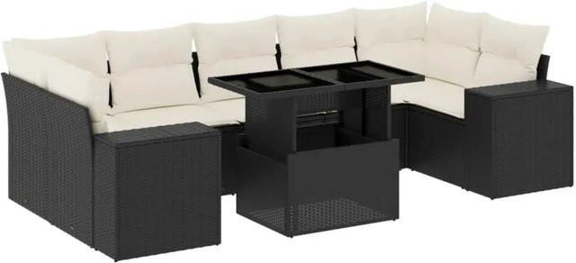 vidaXL 8-tlg. Garten-Sofagarnitur in L-Form mit Kissen und Couchtisch, Schwarz/Weiß, Poly-Rattan und Metallgestell - Bild 1