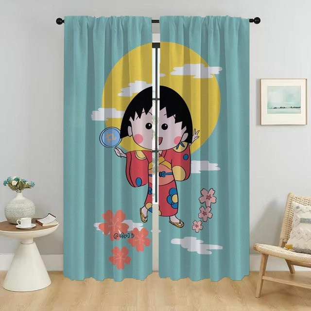 Chibi Maruko Fenstervorhang Set aus 2 Paneelen in Blau für Kinderzimmer und Schlafzimmer B: 50 cm, H: 70 cm - Bild 1