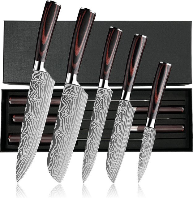 ZENG Küchenmesser-Set mit Lasermuster und ergonomischem Holzgriff in Schwarz, inklusive Santoku-Schneidemesser und Kochmesser - Bild 1