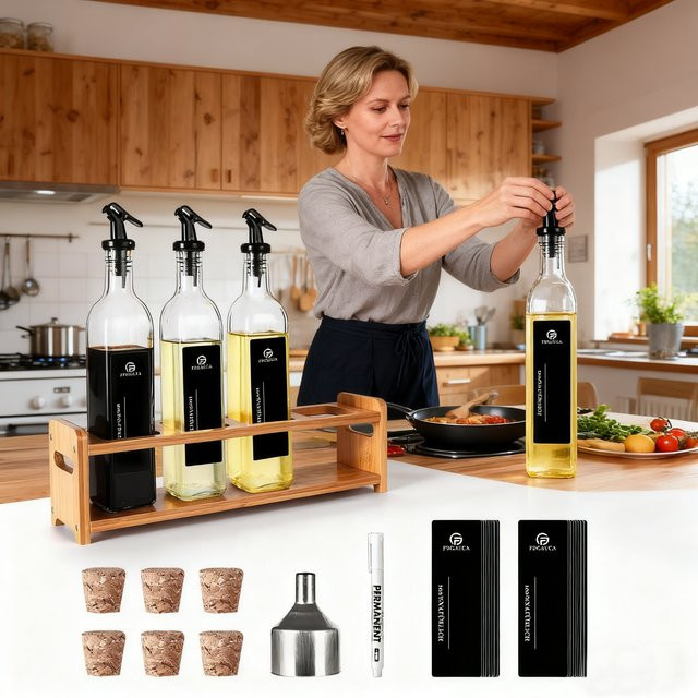 SAEIV Ölflaschen Set aus Glas mit Bambus Flaschenhalter und Ausgießer, 4 x 500 ml, Transparent - Bild 1