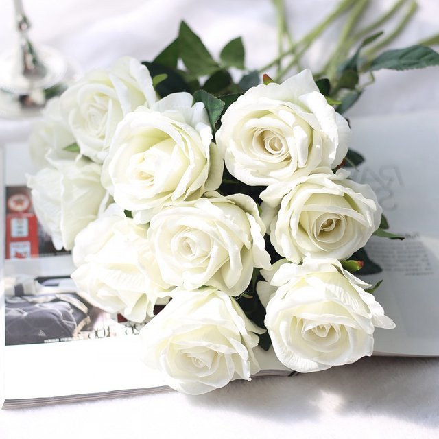 5er Set Kahaul künstliche weiße Seidenrosen als Zweig-Blumenstrauß, Länge: 51 cm - Bild 1