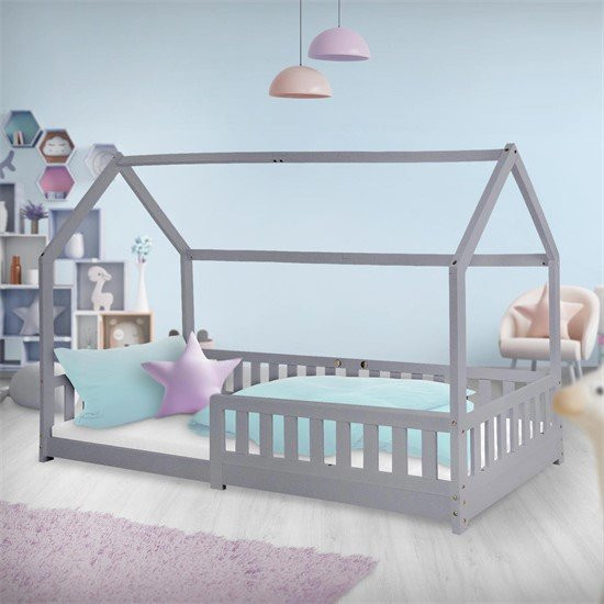 ML-Design Kinderbett Hausbett aus Kiefernholz mit Dach und Rausfallschutz, Hellgrau, B/T/H: 90 x 200 x 142 cm - Bild 1