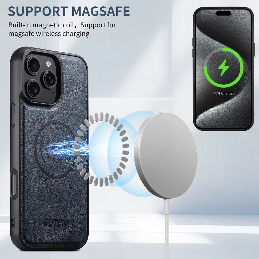 SUTENI Frosted Feel Kunstleder Magnet Wireless Charging Handyhülle für iPhone 17 Pro Max 16 Plus 15 Pro 14 13 12 in Schwarz - Bild 2