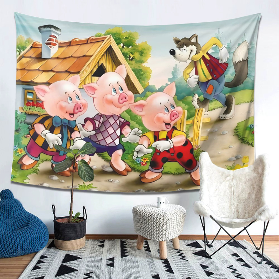 VIKAMA Märchen-Wandteppich mit den drei kleinen Schweinchen und dem bösen Wolf, Cartoon-Wandtuch für Kinder, Mehrfarbig, Breite: 40 cm, Höhe: 40 cm - Bild 3
