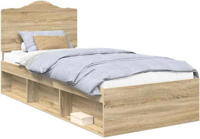 vidaXL Bettrahmen mit Kopfteil aus Massivkiefer und Holzwerkstoff in Sonoma Eiche, Farbe: Braun, B/H: 90 x 190 cm - Bild 1