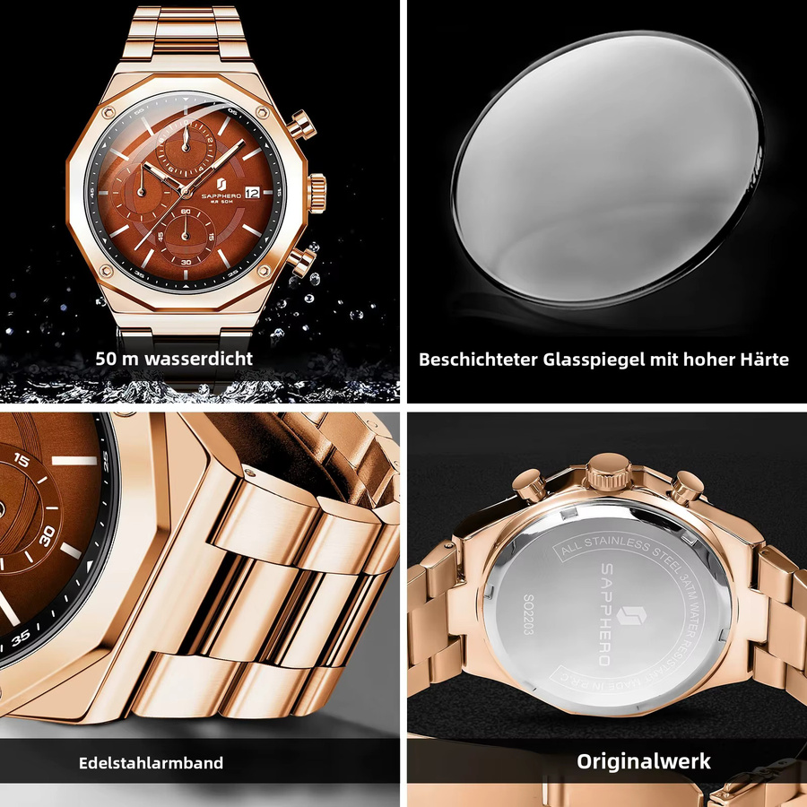 SAPHERO Chronograph, Quarz, Edelstahl, Schwarz, Roségold, Herren - Bild 5