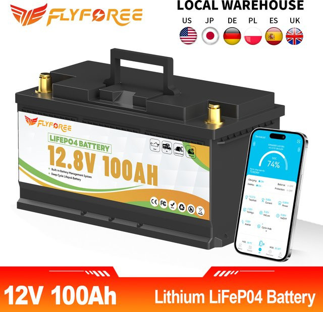 FLLYROWTH 12V 100Ah LiFePo4 Lithium-Batteriepack mit Bluetooth und 100A BMS für Wohnmobil, Boot und Solar-Anwendungen - Bild 1