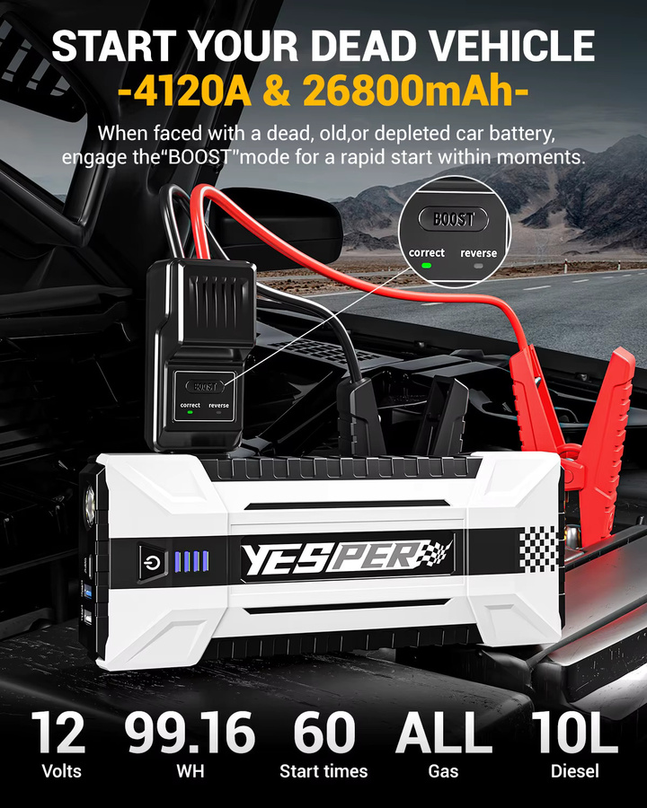 YESPER 4120A Tragbares Auto-Starthilfegerät 26800mAh mit Tragetasche und Überbrückungskabel für Benzin bis 10L und Diesel, 12V - Bild 2