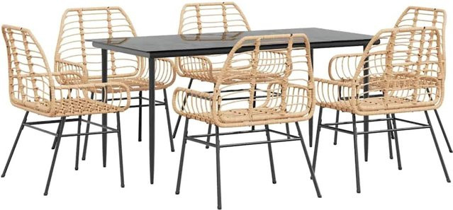 7-teiliges vidaXL Garten-Esszimmerset aus braunem Poly Rattan mit Glastisch für Terrasse und Garten - Bild 1