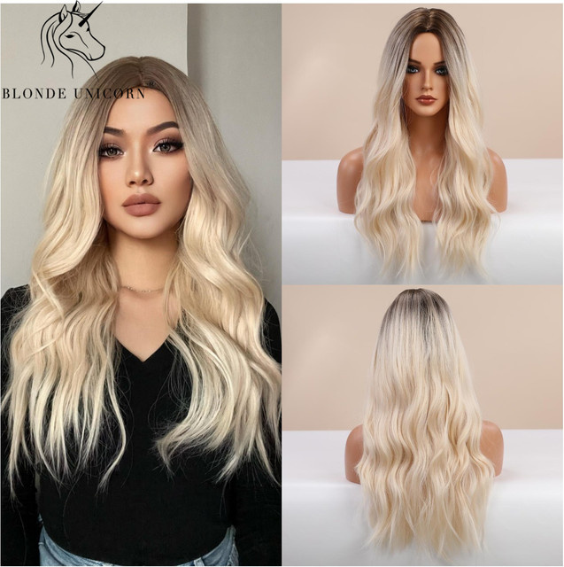 Blonde Unicorn Synthetische Perücke, Ombre Braun bis Platin, Lang, Gewellt, Damen - Bild 1
