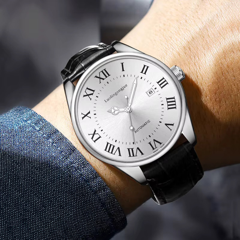 LUOLINGONGJUE Armbanduhr Automatik, Edelstahl, Leder, Weiß, Herren - Bild 2