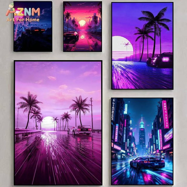 AZNM Synthwave Neon City Leinwand-Wandkunst im Retro-Stil der 80er Jahre mit Sportwagen und Palmen-Druck - Bild 1