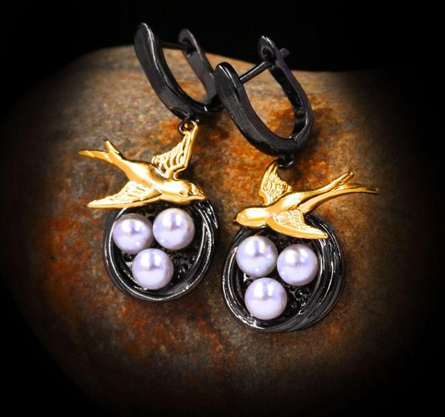 Wucifang Jewelry Ohrringe, Vogelperlen, 925 Silber, Zweifarbig, Damen - Bild 1
