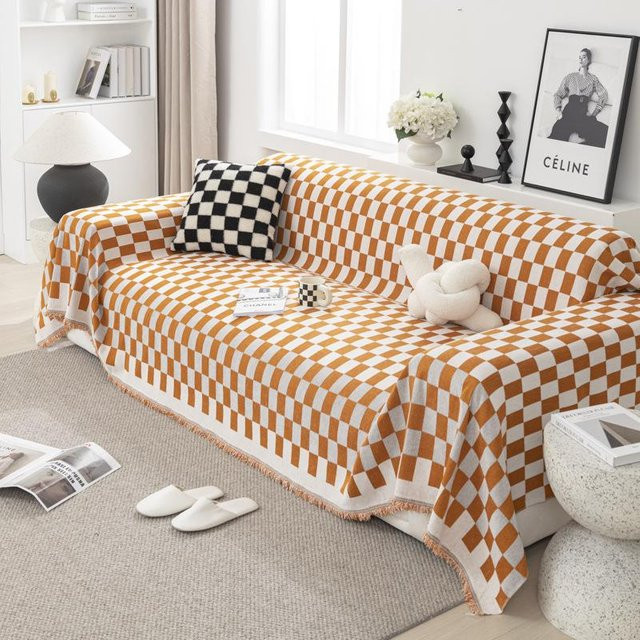 Universal Sofabezug Super Six in Schachbrett-Optik aus Chenille, B/B: 180 x 130 cm, Grau/Orange - Bild 1
