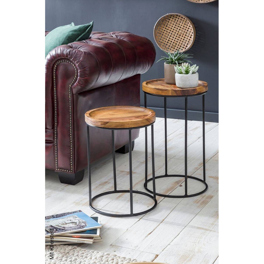 Wohnling Beistelltisch 2er-Set aus Sheesham Echtholz und Eisen in Schwarz und Natur im Industrial Design, runde Tischplatten, Höhe: 54 cm, Durchmesser: 30,5 cm - Bild 3