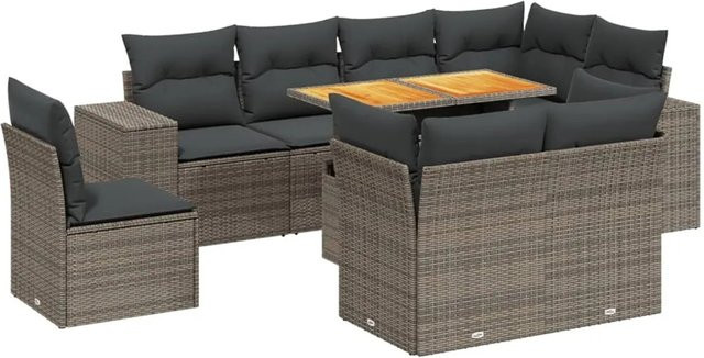 vidaXL 9-tlg. Garten-Sofagarnitur in L-Form aus grauem Poly-Rattan mit Kissen und pulverbeschichtetem Stahlrahmen - Bild 1
