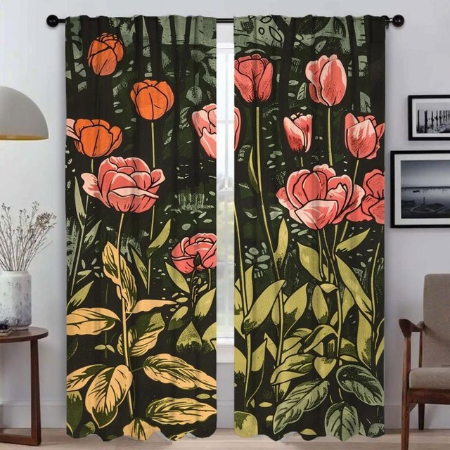 2er-Set Tüll-Vorhänge mit Rosen und rosa Tulpen in Mehrfarbig, semi-transparent, Breite: 50 cm, Höhe: 70 cm - Bild 1