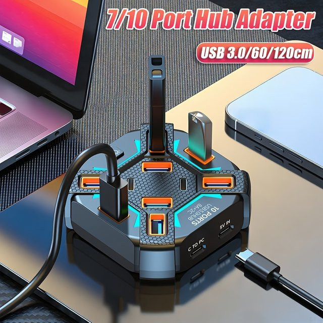 USB-C Dockingstation mit 7 USB 3.0 Ports und RGB-Beleuchtung, stromversorgter Multi-USB-Splitter für Laptop und PC, Schwarz - Bild 1