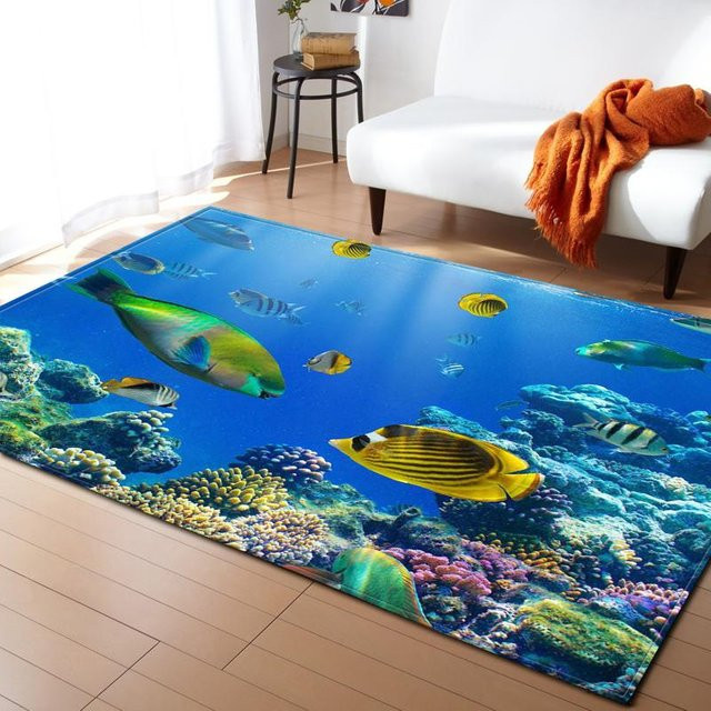 Karpetti 3D Teppich Ozean Korallen und Fische für Kinderzimmer und Wohnzimmer, Mehrfarbig, B: 70 cm, L: 140 cm - Bild 1