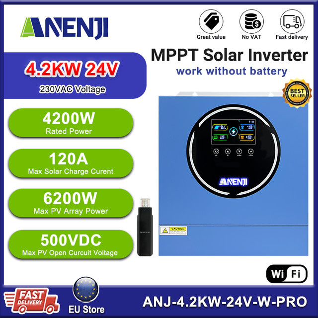 ANENJI Hybrid-Solarwechselrichter 4,2 kW mit reiner Sinuswelle, Dual-Ausgang, 30 VAC, maximale PV-Leistung 5000 W, PV 60-500 VDC, WLAN, On/Off-Grid-fähig, Gold/Blau - Bild 1