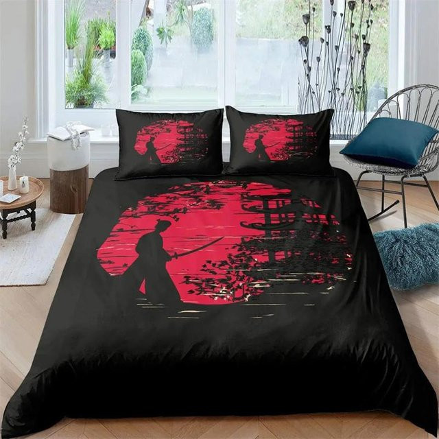 Samurai Bettwäsche mit Sonnenuntergang und japanischer Landschaft Silhouette, Your Warm Home, Schwarz, B/H: 135 x 200 cm - Bild 1