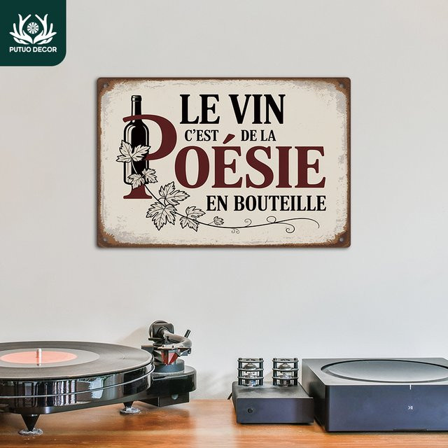 Putuo Decor Vintage Metallblechschild Le Vin C'est de la poésie en bouteille Wandkunst Dekor in Mehrfarben - Bild 1
