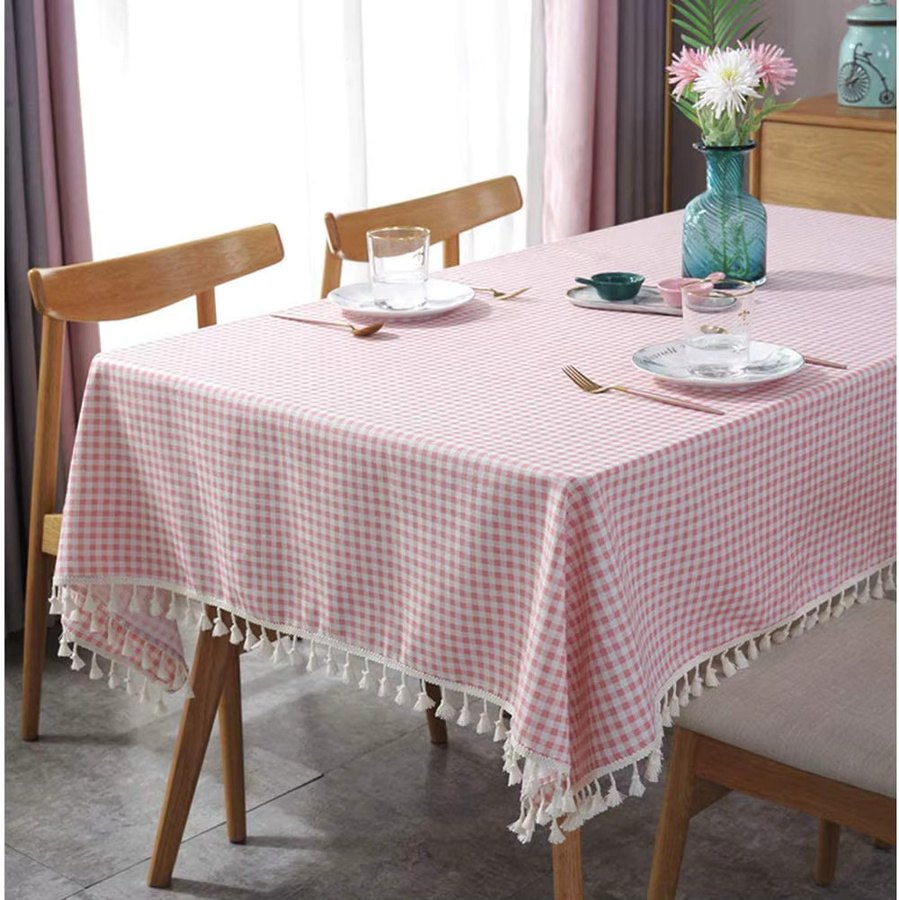 Inyahome Tischdecke aus Baumwolle, rot kariert, rechteckig mit Quasten, knitterfrei und waschbar - Bild 2