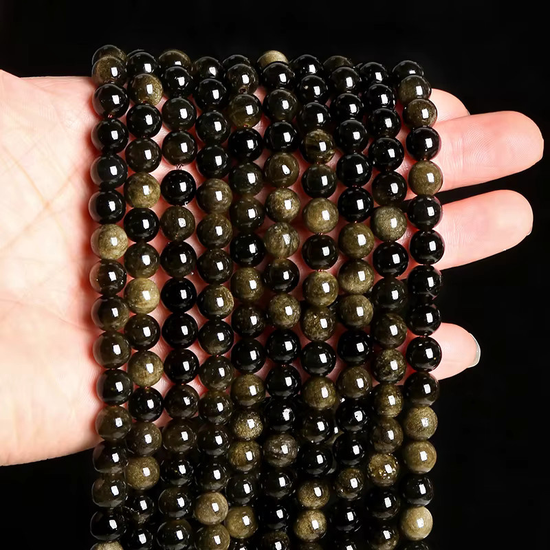 Obsidian Perle, Goldene Irisation, Runde Spacer, 4-12mm - Bild 3
