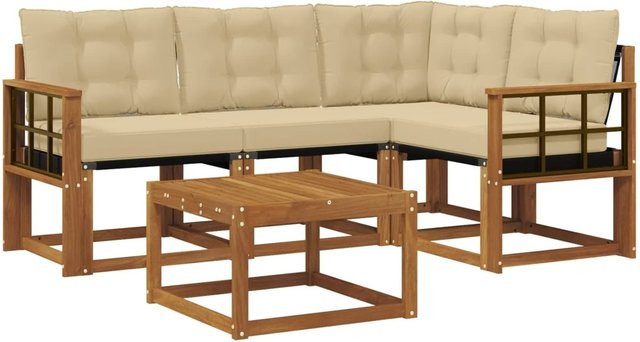vidaXL Outdoor-Sofagarnitur 5-teilig aus Akazienholz in Braun und Beige mit L-Form, Eckelement, Couchtisch und Kissen für Garten und Terrasse - Bild 1