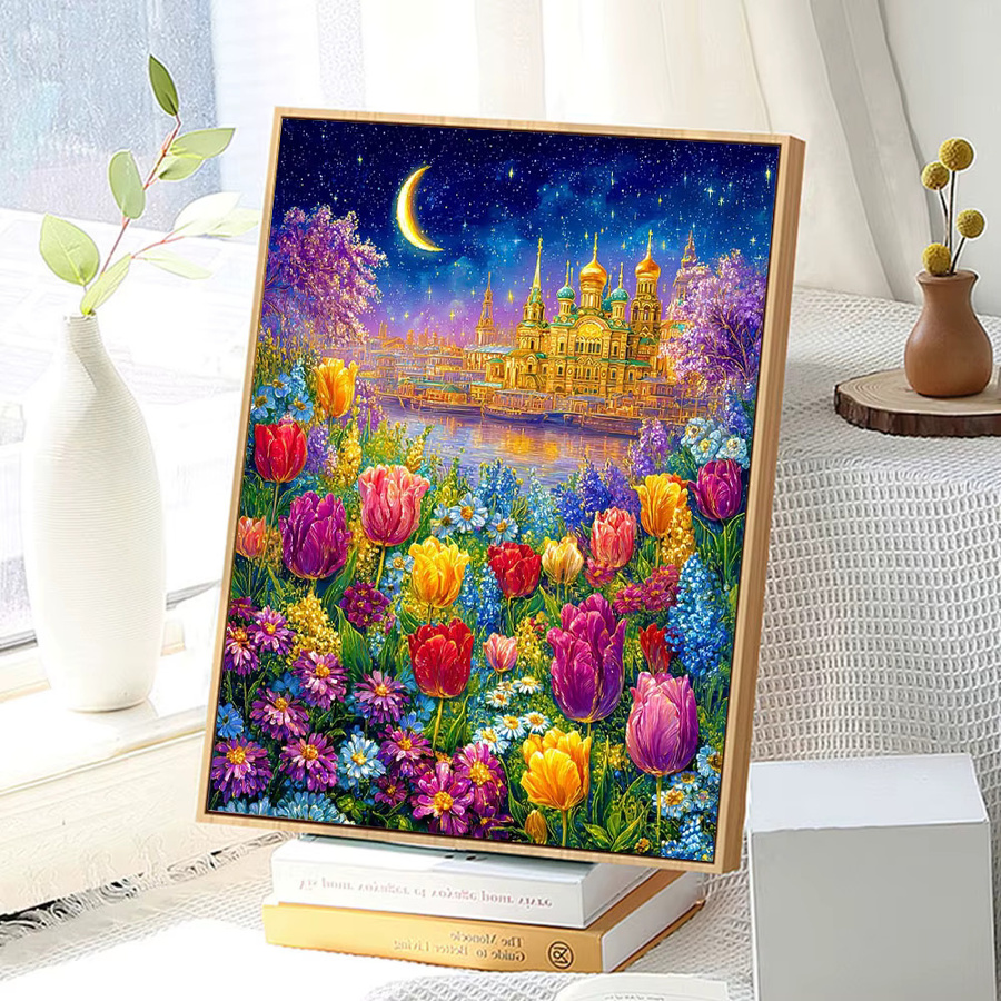 Huacan Diamant-Malerei Tulpe und Kirche als dekoratives Mosaik-Gemälde in Mehrfarbig, B/H: 20 x 30 cm - Bild 3