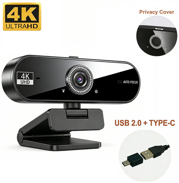 JETO 4K UHD Webcam mit 8MP Autofokus, Duale KI-Geräuschunterdrückende Mikrofone und USB-C-Adapter in Schwarz für PC und Laptop - Bild 1