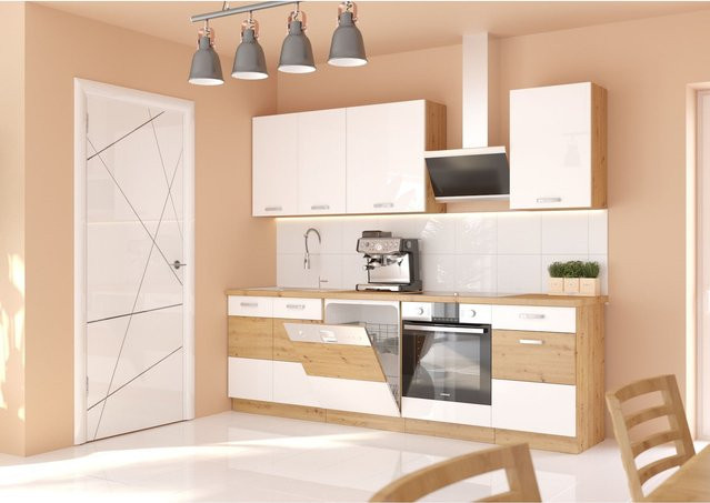 Moderne Küchenzeile in Eiche und Weiß mit Hochglanz-Finish, Breite: 250 cm - Bild 1