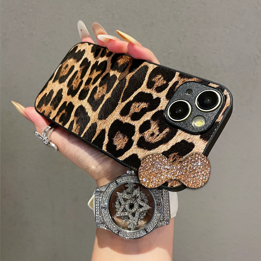 Luxus iPhone Handyhülle aus Leopard Leder mit 3D Diamant-Bowknot in Pink - Bild 2